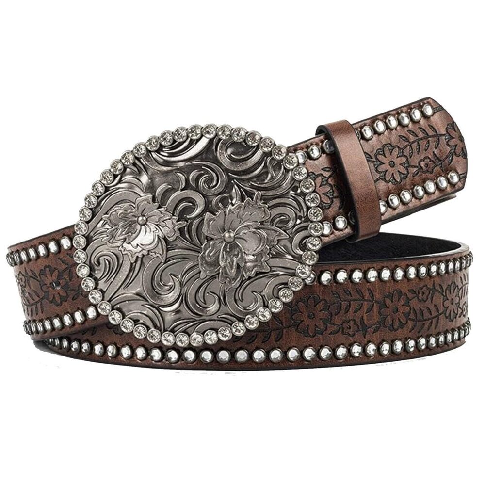 2432 Western-cowboy-leather-belts For Women Rhinestone-oval-buckle Embossed